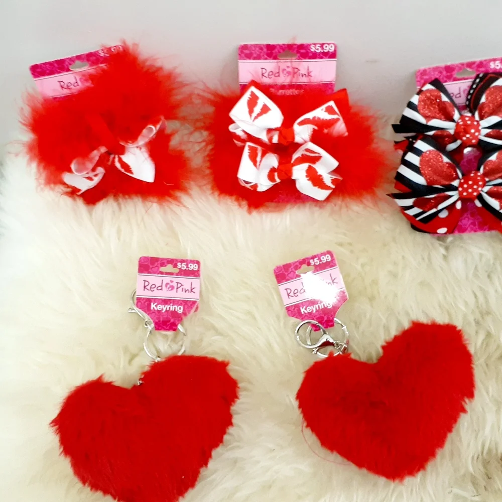New Tag Red Hair clip. plush heart Key chain & More Valentine gift